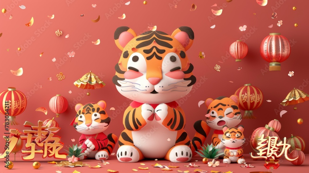 Tiger year greeting card for 2022. Cute tiger clasps its paw for greeting and small tigers bustle about on Spring Festival. Opening couplets welcome the new year.
