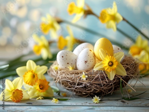 banner for Easter celebration - White and yellow Easter eggs in a basket with a bird's nest and yellow daffodil flowers
