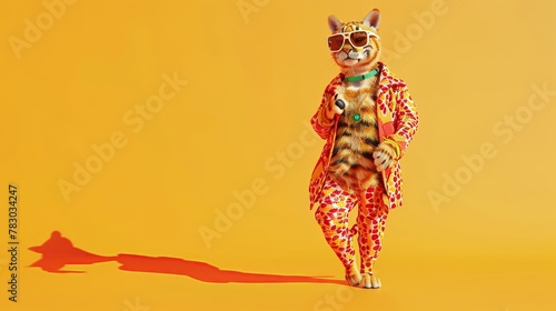 Cheerful animal decked in latest fashion, fulllength shot, isolated plain background, radiant lighting , 8K render photo