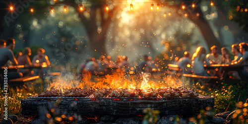 fire in the forest. A image of friends and family gathered for a summer cookout, with a grill sizzling, picnic tables set up, and laughter filling photo