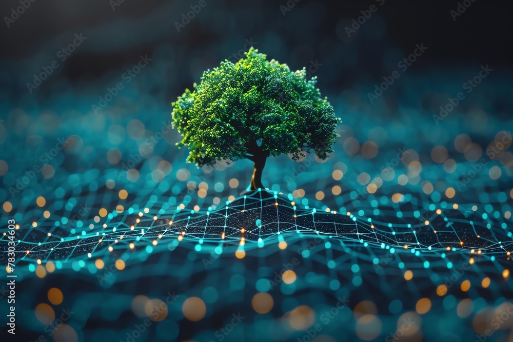 Generative AI visualizes startup success a tree growing from a web of data, marking innovation and growth - obrazy, fototapety, plakaty 