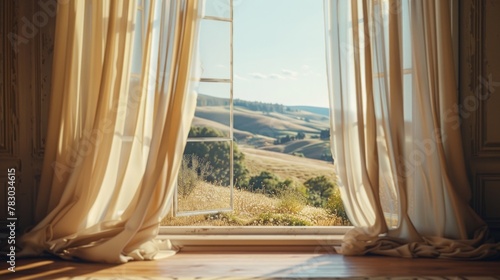 A open window with a view of the hills and mountains