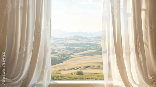 A window with with curtains with a view of the valley and hills