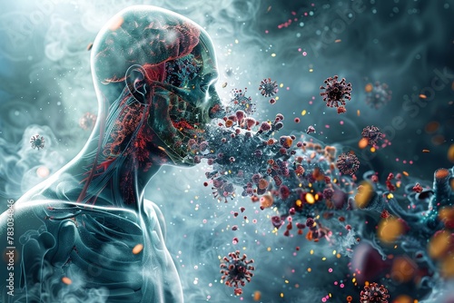 A conceptual image showing the contrast between healthy internal body parts and the attack of diseasecausing elements from outside , unique hyper realistic photo