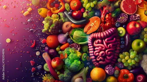 A vibrant depiction of the human digestive system  with an external layer illustrating dietary impacts on health and disease   high resolition