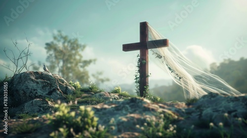 Cross with white veil, religious faith symbol, Easter sign image