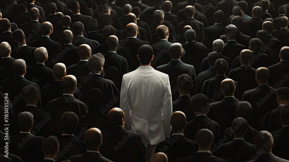 Obraz premium Stand out in the crowd concept, a man wearing a white suit in a crowd of oversized black suits.