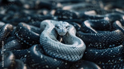 Stand out in the crowd. Concept, White python in a group of large black pythons.