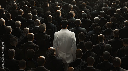 Stand out in the crowd concept, a man wearing a white suit in a crowd of oversized black suits.