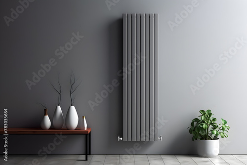 Black modern radiator battery heating on the wall. Home heater convector isolated. Heating convector photo