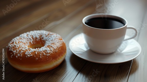 Enjoying a fresh donut and steaming coffee on a cozy morning in a rustic kitchen with wooden flooring and warm lighting