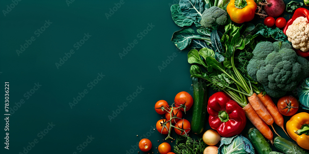 Colorful vegetables spread out on a dark teal background, with space for text. Banner Colorful vegetables spread out on a dark teal background, with space for text. Banner