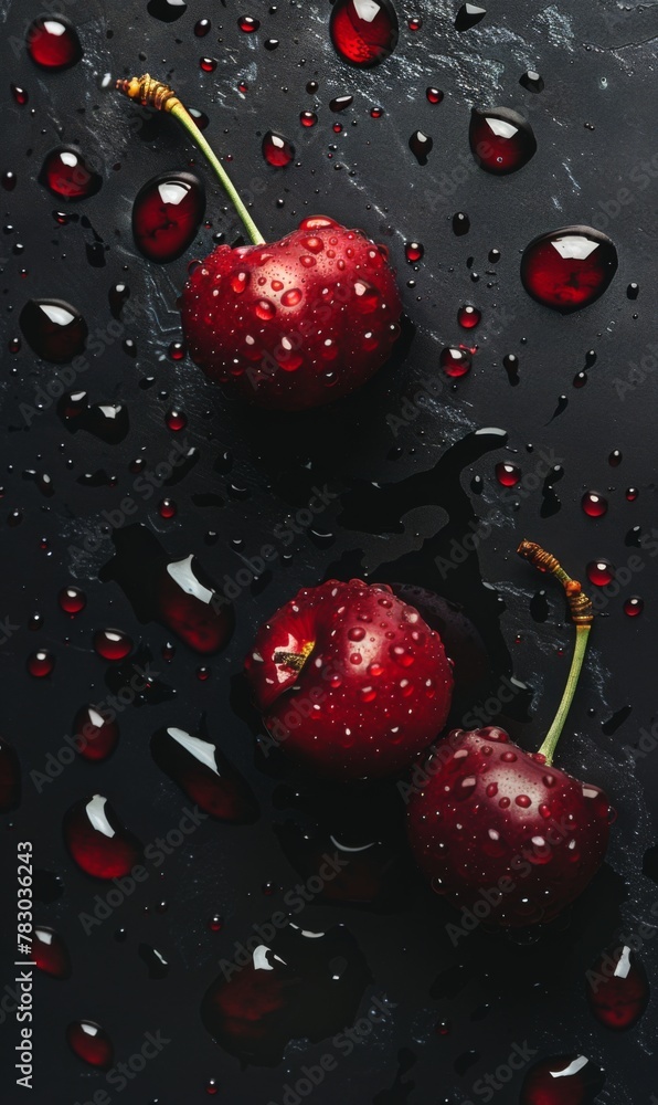 water drops on red cherries, black background water drops on red cherries, black background