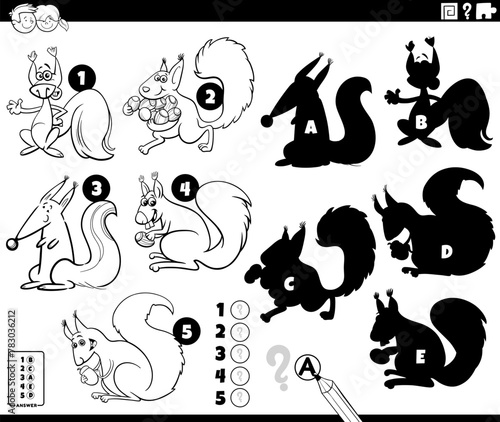 finding shadows game with cartoon squirrels coloring page