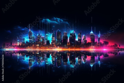 Neon lights outlining the silhouette of a city skyline