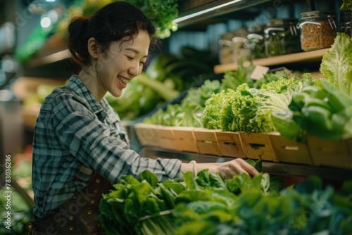 Woman in apron looking at fresh vegetables in grocery store aisle, selecting organic produce for healthy meal planning photo