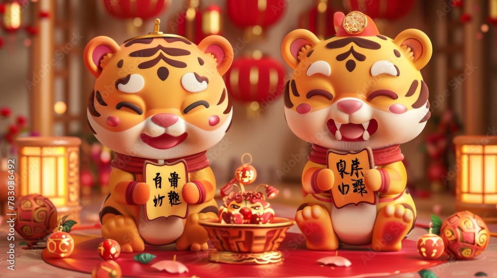 Set of two tigers for Chinese New Year. One grinding the inkstone and the other holding a couplet with the words Blessing and Luck written on it.