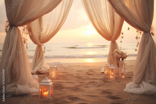 wedding arch decorated with cheesecloth ivory drapery, candles, natural light, white sand, small waves splashing, beautiful sunset, beach vibe, photo detailed, atmospheric, romantic photo