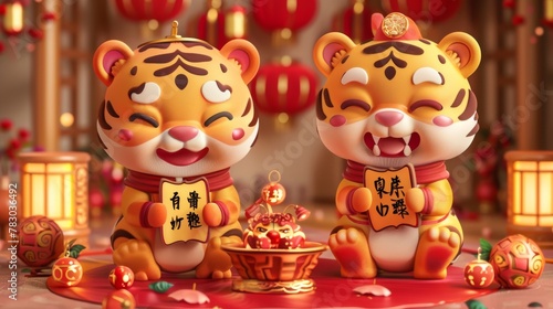 Set of two tigers for Chinese New Year. One grinding the inkstone and the other holding a couplet with the words Blessing and Luck written on it. © Mark