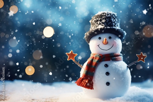 Playful snowflakes and a cheerful snowman on a snowy background © KerXing