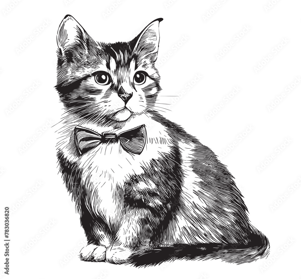 Kitten with bow tie hand drawn sketch in doodle style Vector illustration - obrazy, fototapety, plakaty 