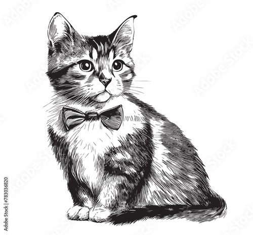 Kitten with bow tie hand drawn sketch in doodle style Vector illustration © BigJoy