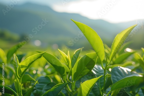Serenity in Every Sip: Tea Leaves Amidst Mountain Vistas