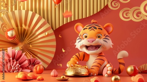 The 3rd Year of the Tiger greeting card features a cute tiger pawing a gold ingot with a semicircle paper fan and partition behind. 2022 and best wishes for the future are written on big couplets.