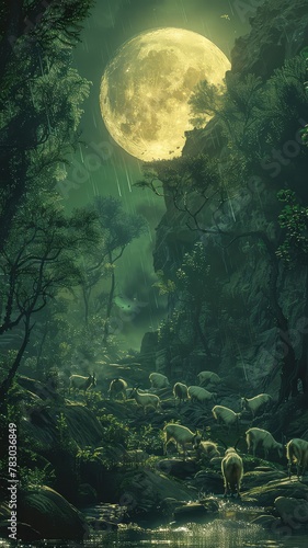 A full moon illuminates a lush forest under a gentle rain, where deer graze by a sparkling stream, creating a serene nocturnal landscape.