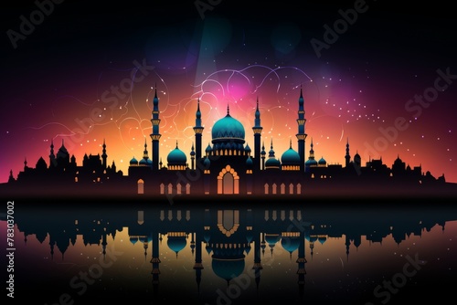 Silhouette of a mosque with colorful lights for Mawlid festivities