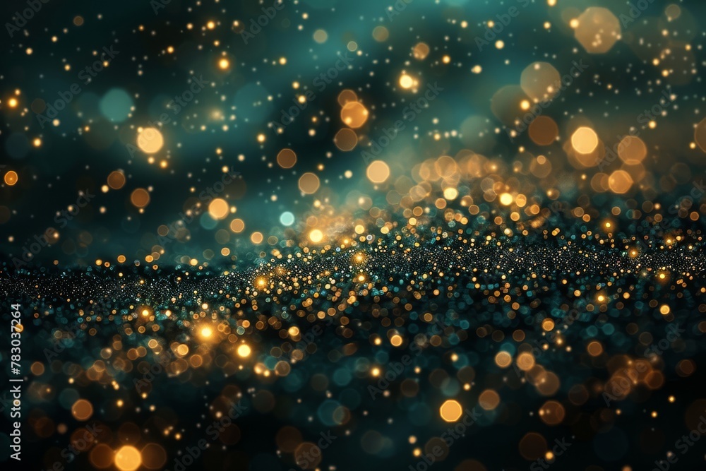 Obraz premium This image features a mesmerizing view of glittering bokeh lights on a dark backdrop, resembling a starry night sky or magical scenery