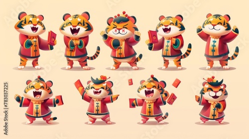 Cute tigers in traditional Chinese costumes raising their hands high with red envelopes in the year of the tiger