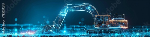 smart blue digital excavator, ai in  construction site management systems, excavation planning algorithms, equipment maintenance schedules, and real-time monitoring for safety and efficiency.
