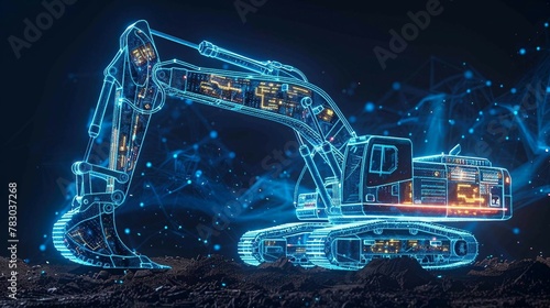 smart blue digital excavator, ai in  construction site management systems, excavation planning algorithms, equipment maintenance schedules, and real-time monitoring for safety and efficiency.

