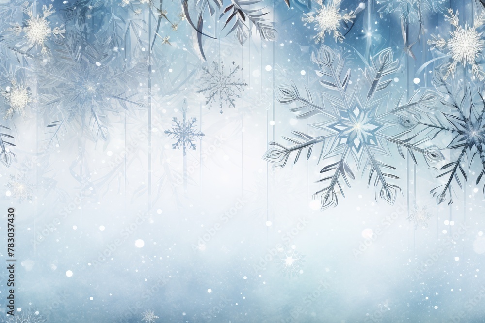 Sparkling silver and blue background with icy snowflakes and ornaments