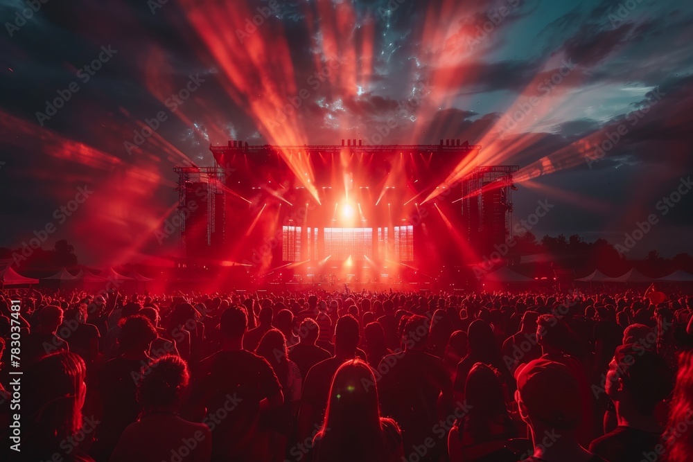 An outdoor concert scene with dramatic red stage lights evoking the passion and intensity of the live music experience