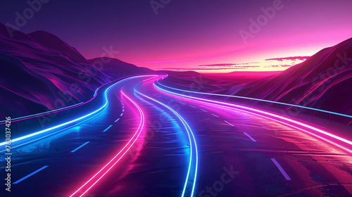 Futuristic Neon Highway Background, Sunset Mountainscape, Glowing Roadscape photo