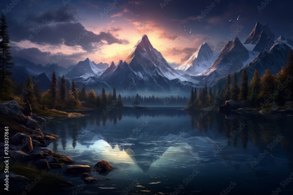 Twilight settling over a tranquil mountain range and serene lake