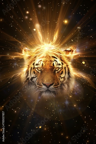 Linear illustration of a majestic orange tiger, its form entirely constructed from vibrant light rays, suggesting a cosmic origin
