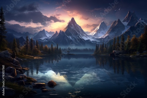 Twilight settling over a tranquil mountain range and serene lake