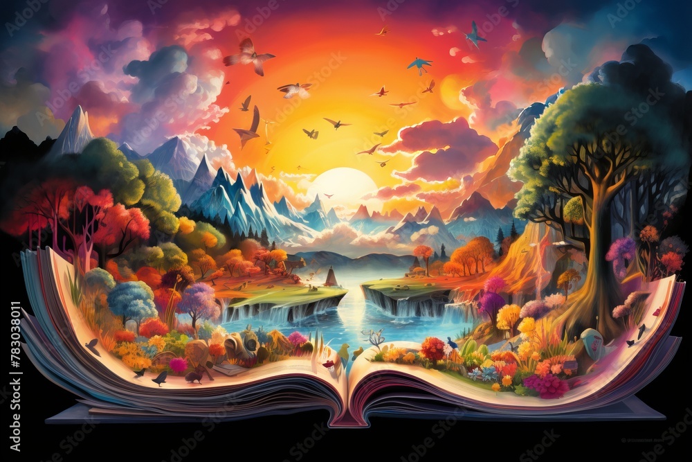 Vibrant image of an open book with colorful illustrations, inviting exploration
