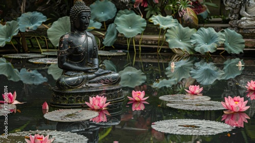 A serene pond reflecting a Buddha statue adorned for Songkran