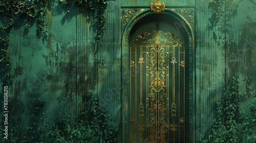 A green door with gold trim