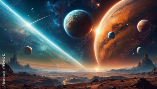 An awe-inspiring cosmic event with planets aligning over an alien landscape, showcasing the beauty of an extraterrestrial sunset.. AI Generation photo