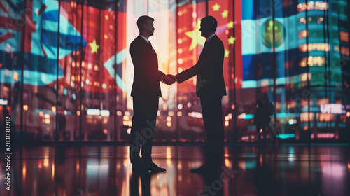 Two business men shaking hands with flags of different countries in the background, international company alley concept stock photo contest winner, business meeting room interior design, corporate
