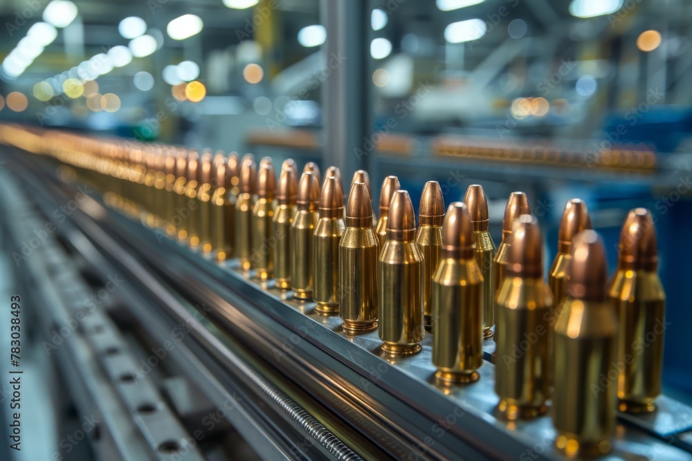 Precision-engineered bullets lined up on a conveyor belt in a factory symbolizing mass production and defense industry Precision-engineered bullets lined up on a conveyor belt in a factory symbolizing mass production and defense industry