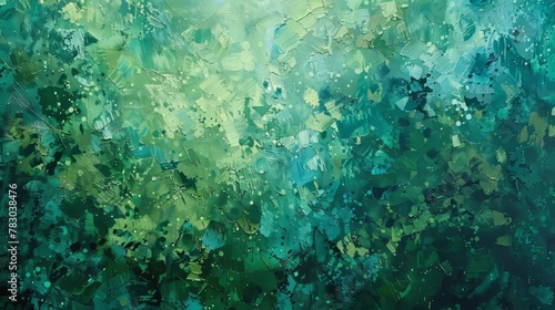 A textured composition with shades of green  blue green  and teal  reminiscent of a lush and verdant forest scene