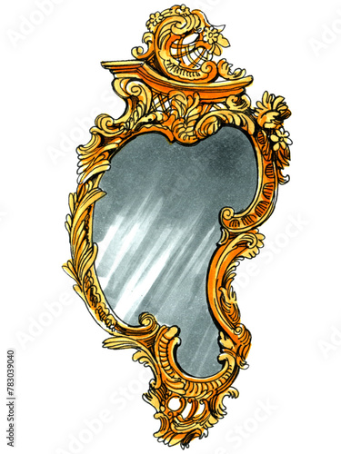  Sketch markers illustration of Rococo mirror isolated on white background.
