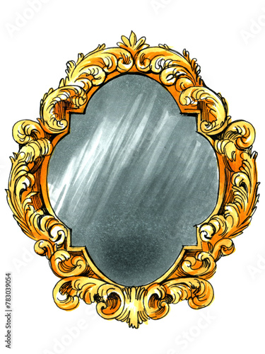  Sketch markers illustration of baroque mirror isolated on white background.