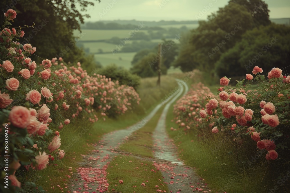 Obraz premium Serene Country Road with Blossoming Roses